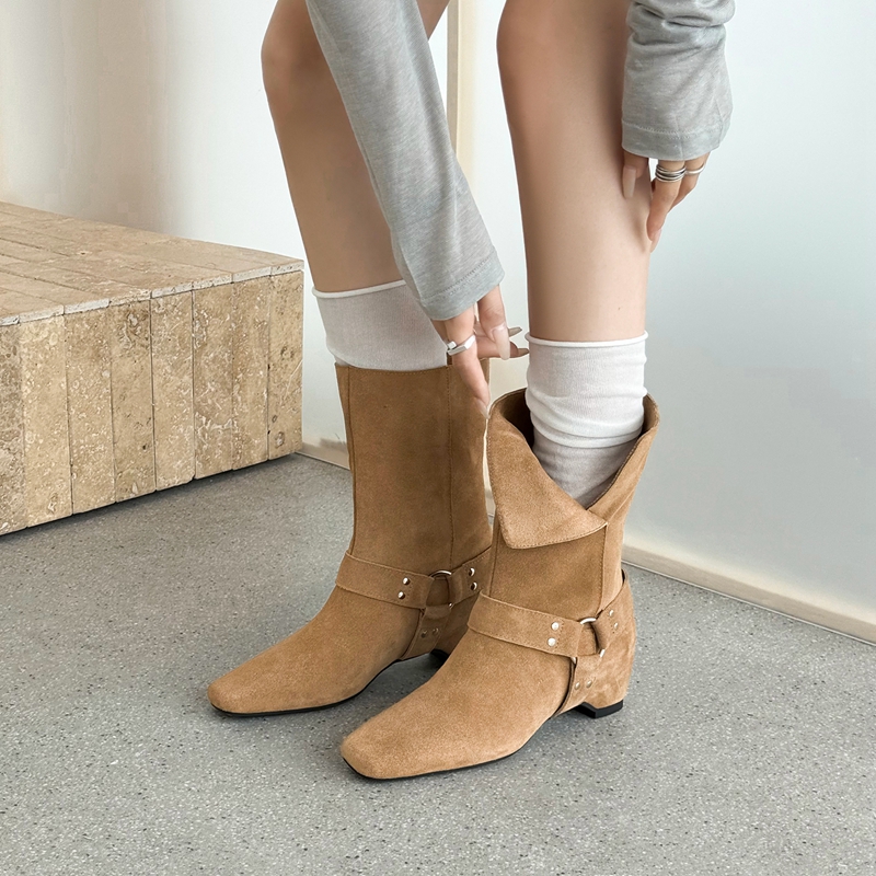 Street Fashion Look - Women's Suede Slouchy Ankle Boots Buckle
