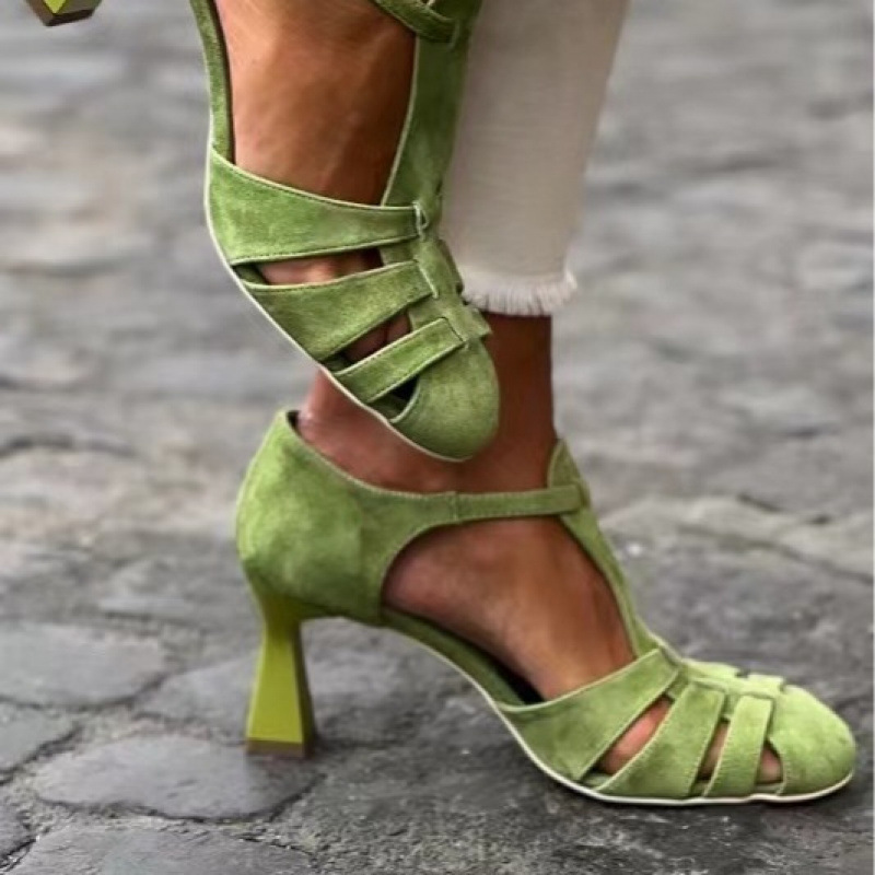 Street Fashion Dress - Women's Green Suede Kitten Heel T-Strap
