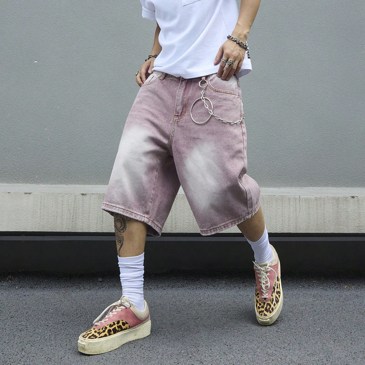 Street Fashion Baggy - Men's Pink Gradient Denim Shorts Vintage