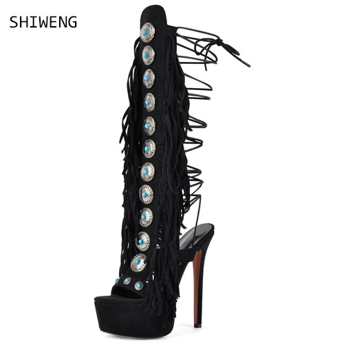 Street Fashion Dress - Sexy Open Toe Ladies Tassel Gem