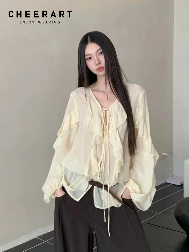 CHEERART Ruffles V Neck Tie Fr - Street Fashion Fall 2025 评论和价格