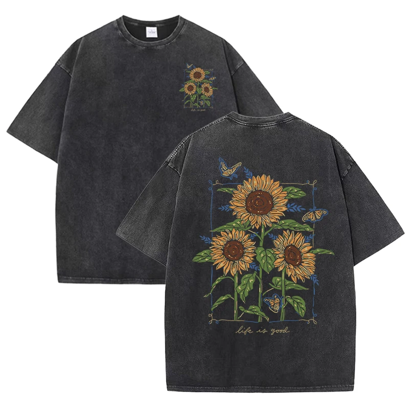 sunflower print washed T-shirt - Street Fashion Shanghai 评论和价格