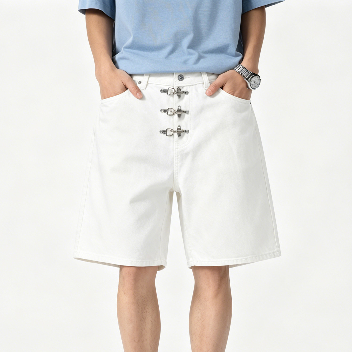Metal Buckle Short Baggy Jeans - Street Fashion Baggy 评论和价格
