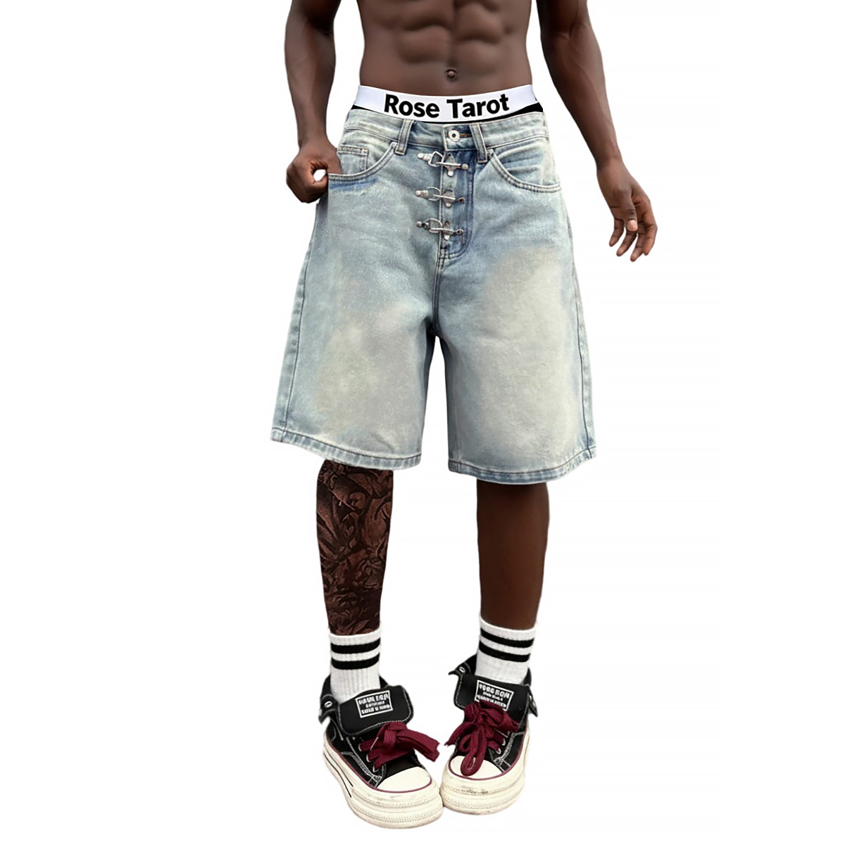 Metal Buckle Short Baggy Jeans - Street Fashion Baggy 评论和价格